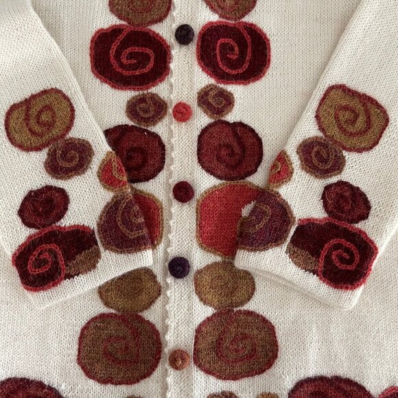 Quipu 100% Baby Alpaca Scoop Nk Knit Cardigan Funky Retro Vibes Cream Multi XS/S - Picture 11 of 12